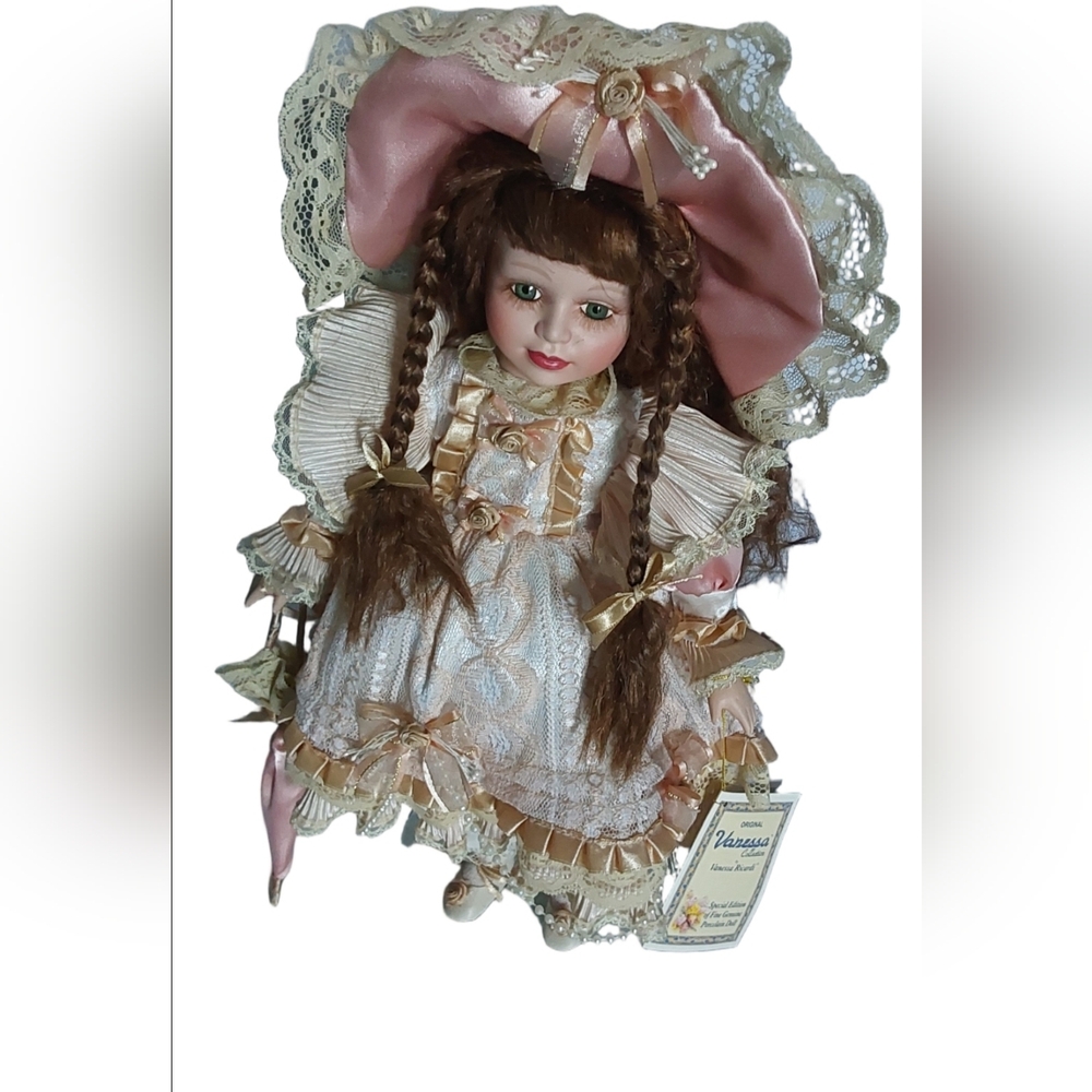 Vanessa Porcelain Doll Collection  with‎ Pink Hat and Lace Dress ( SNAP )
